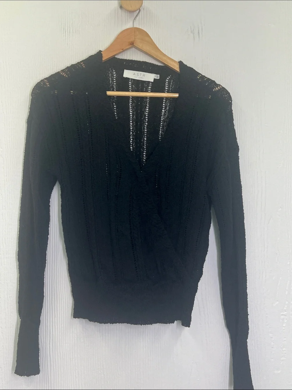 ASTR The Label - Wrap Front Pointelle Black Long Sleeve Lightweight Sweater SM